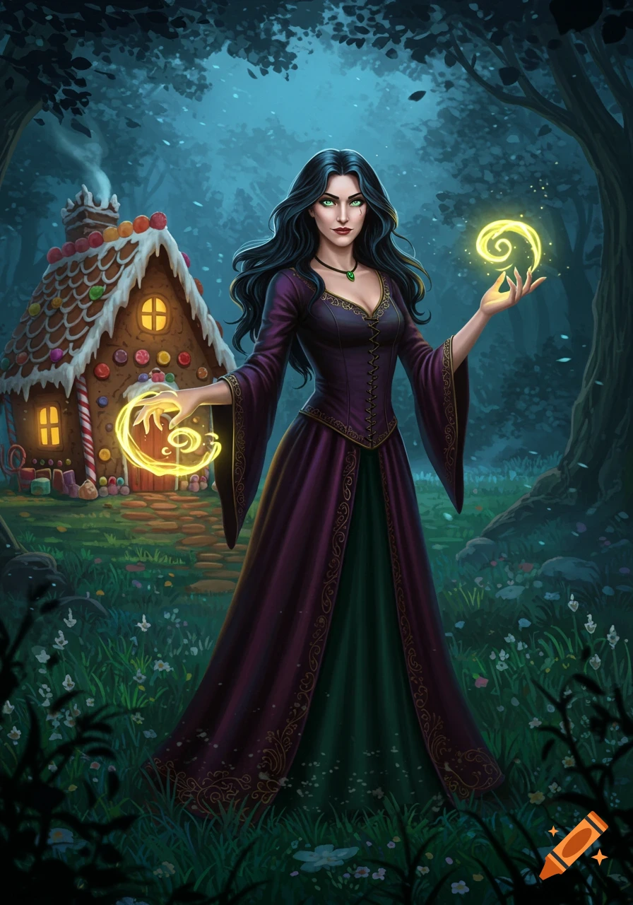 A beautiful witch with dark hair and green eyes, wearing a purple and green gown, stands in a magical forest next to a gingerbread house, conjuring golden magic.