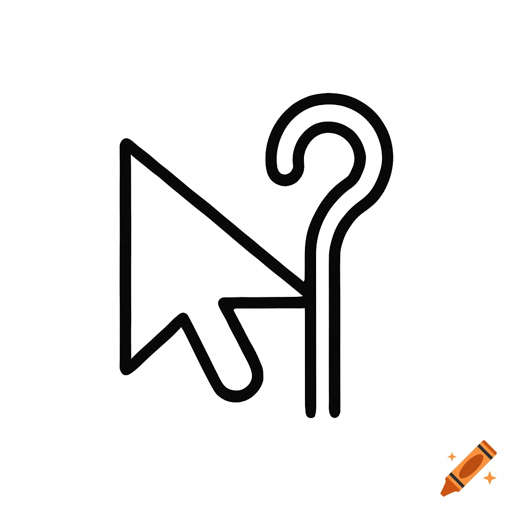 A minimalist black line icon featuring a computer mouse cursor pointing towards a shepherd's crook on a white background.