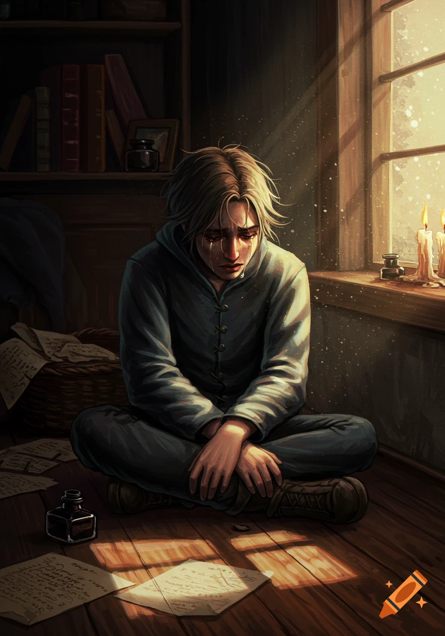 Illustration of a young person with light hair crying while sitting on a wooden floor, with scattered papers and window light.