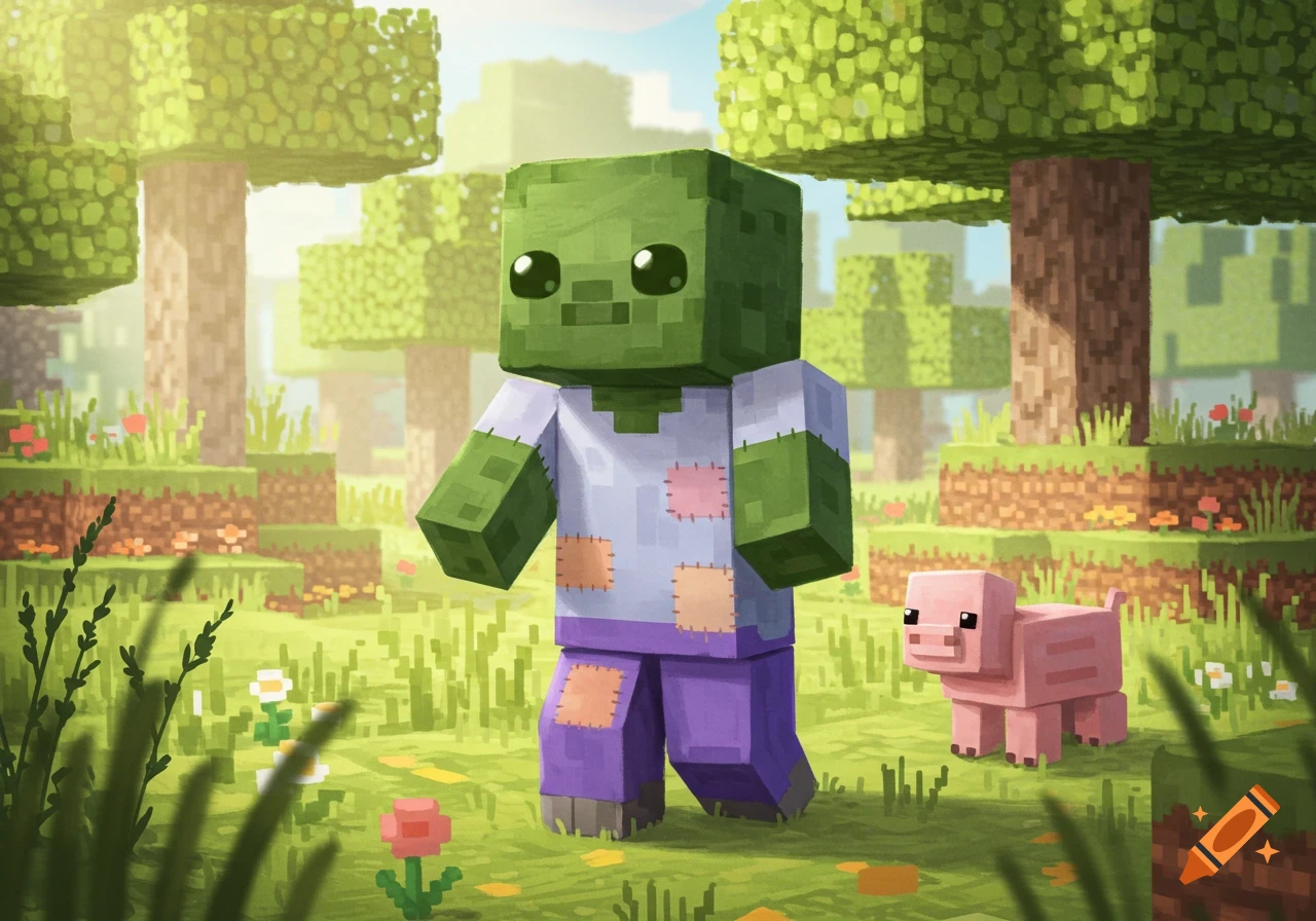 A cute, blocky Minecraft zombie stands in a sunny, pixelated forest next to a small pink pig.