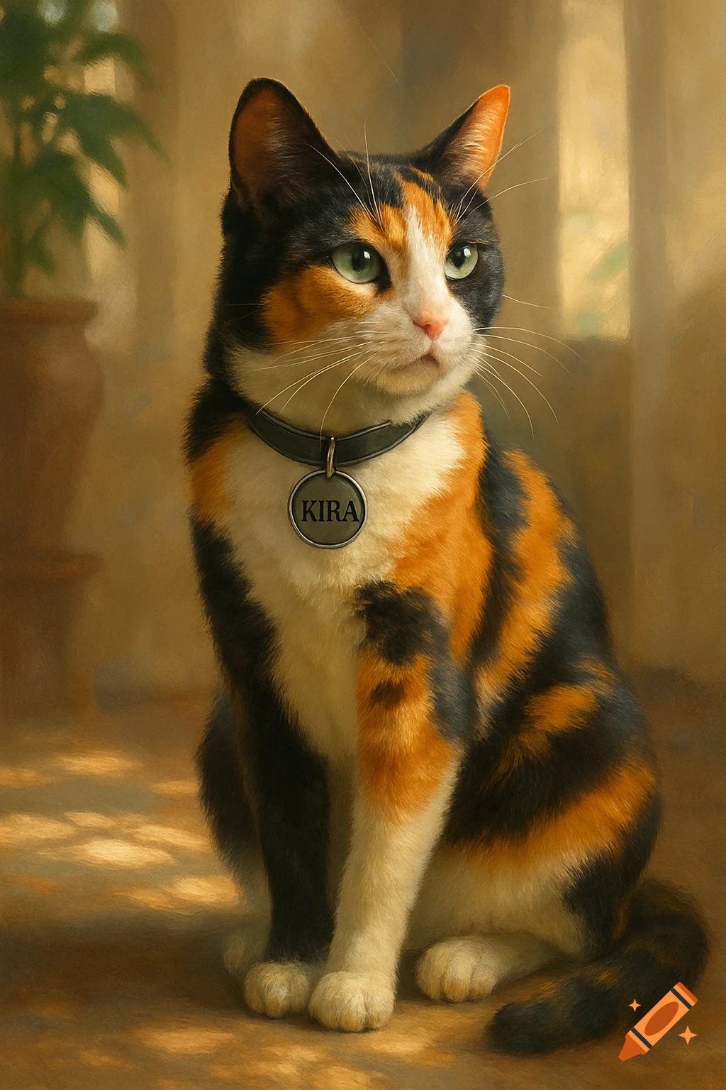 Photorealistic calico cat wearing a collar with a 'KIRA' tag, sitting indoors in warm light, looking right.