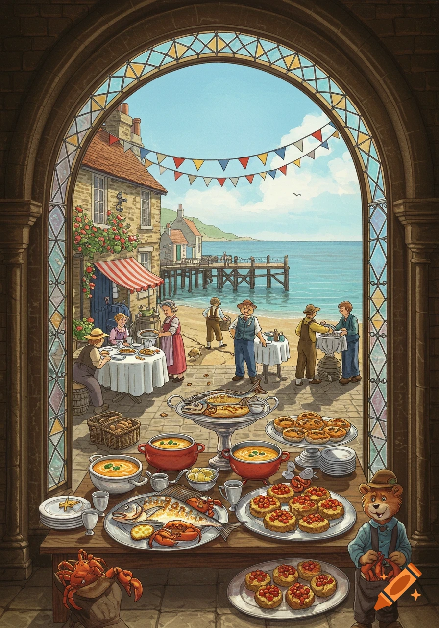 A vibrant illustration through an archway shows a seaside festival with villagers, a pier, and tables laden with seafood, soup, and cakes, and a bear holding crabs.
