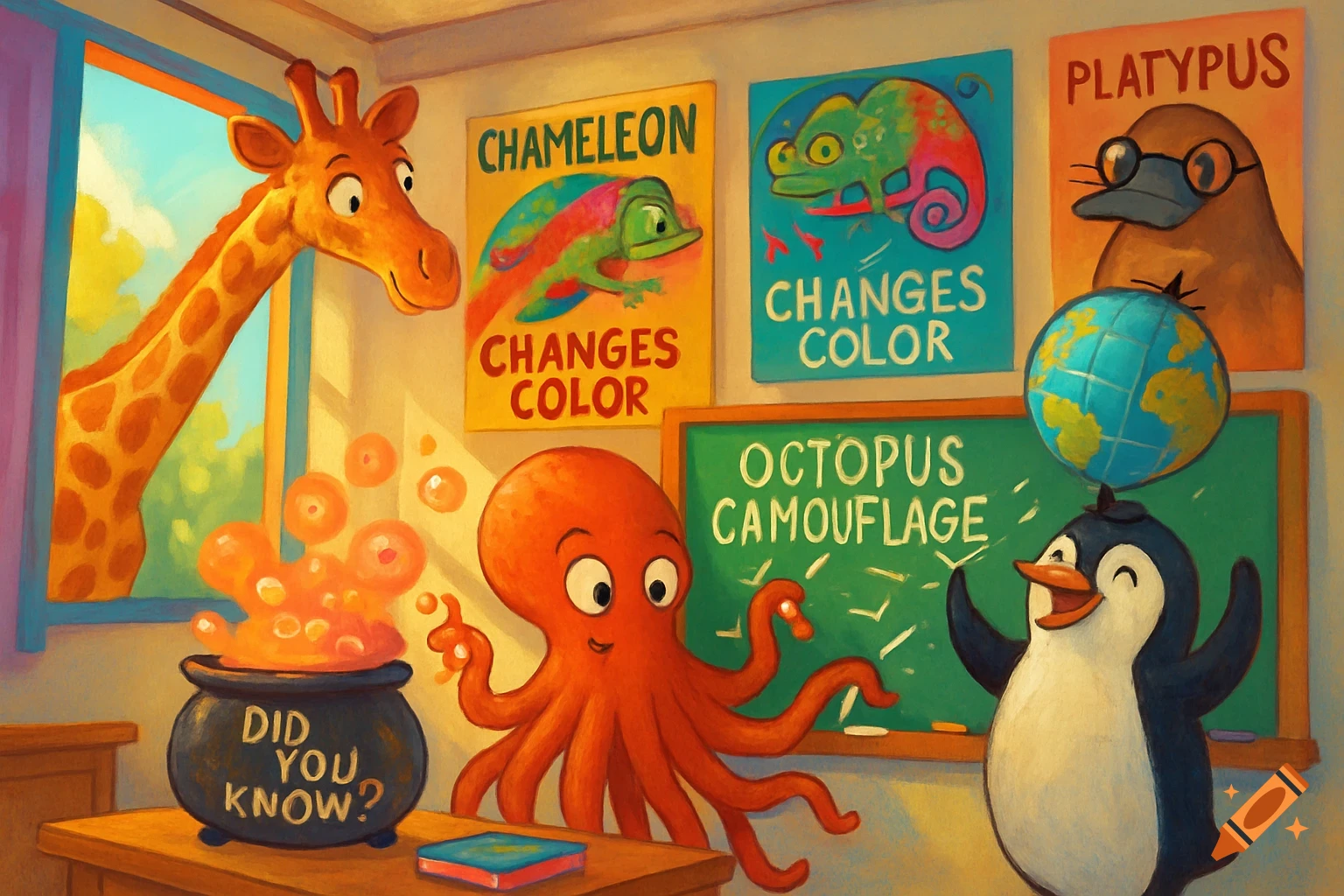 A colorful cartoon classroom scene with animal facts. A giraffe looks in, an octopus gestures at a blackboard, a penguin balances a globe, and posters feature a chameleon and platypus. A cauldron reads "DID YOU KNOW?".