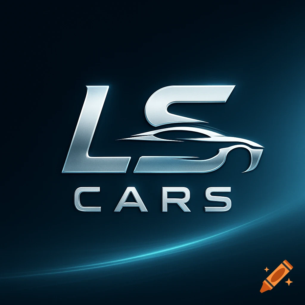 Futuristic silver metallic LS Cars logo with a sleek car silhouette integrated into the S, on a dark blue background.