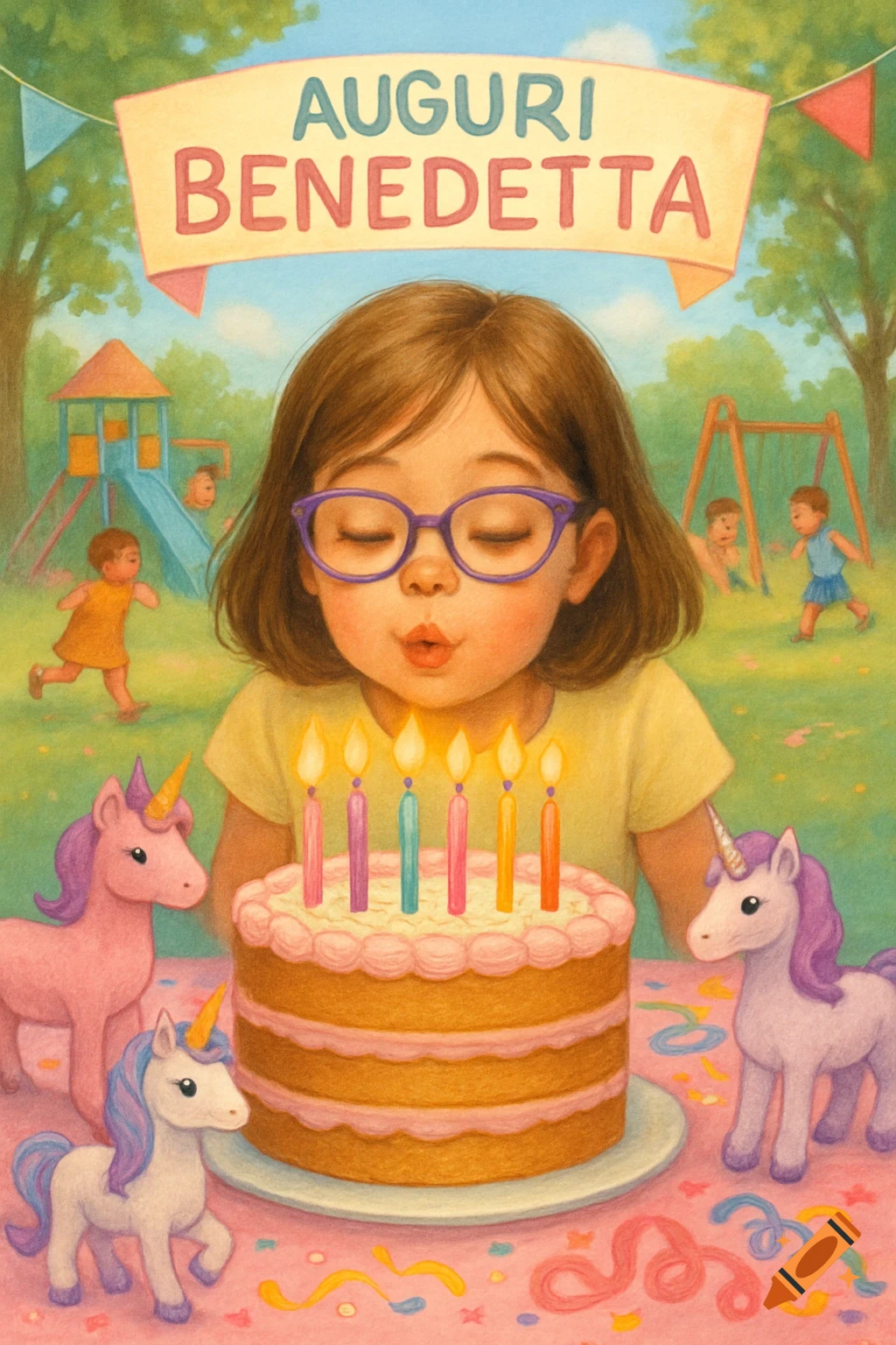 Illustrative scene of a girl with purple glasses blowing out birthday candles on a cake, with unicorns and a park in the background.