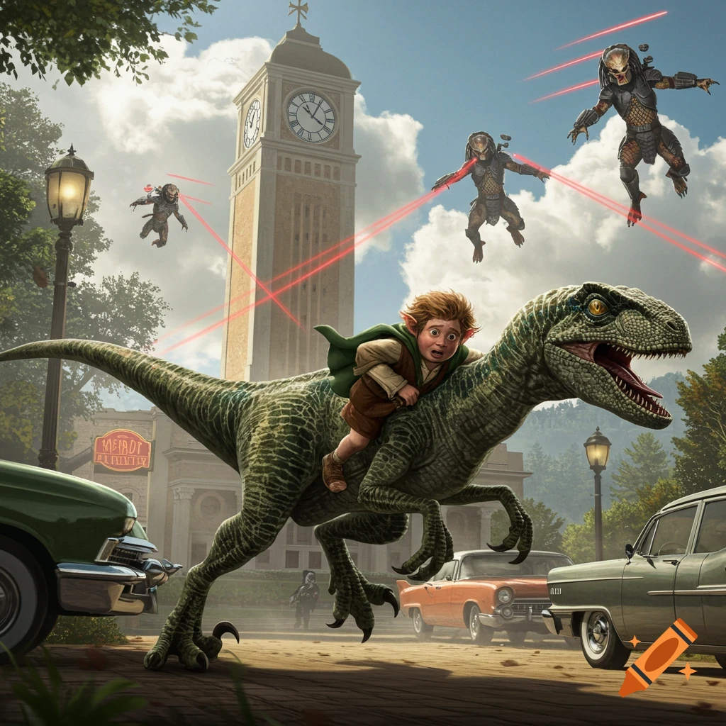 A hobbit rides a velociraptor, fleeing from Predators firing lasers in a town square with a clock tower, in a cinematic style.
