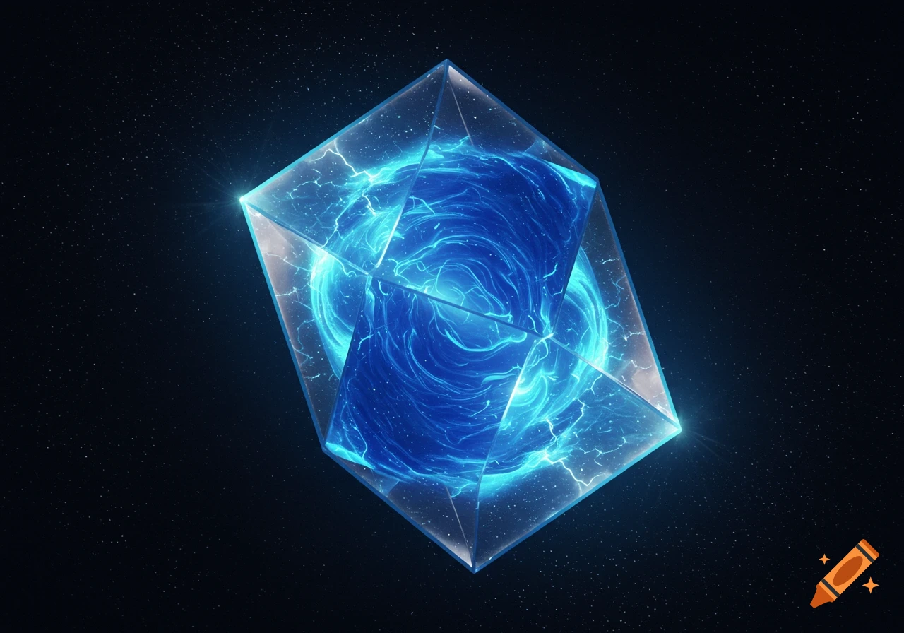 A glowing blue energy vortex in a transparent geometric prism, set against a dark, star-filled space background.