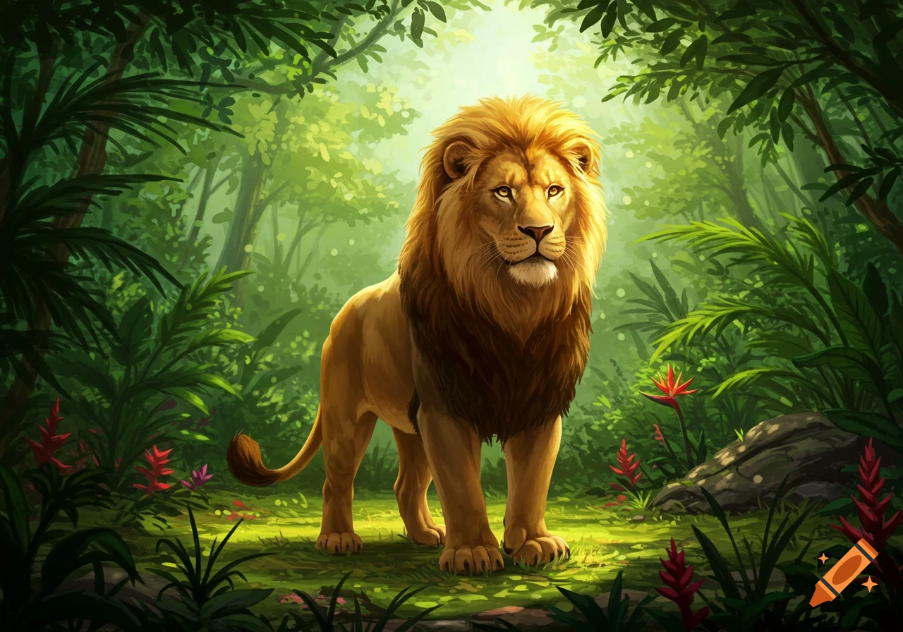 A majestic lion stands proudly in a lush, vibrant jungle with sunlight filtering through the canopy, digital painting.