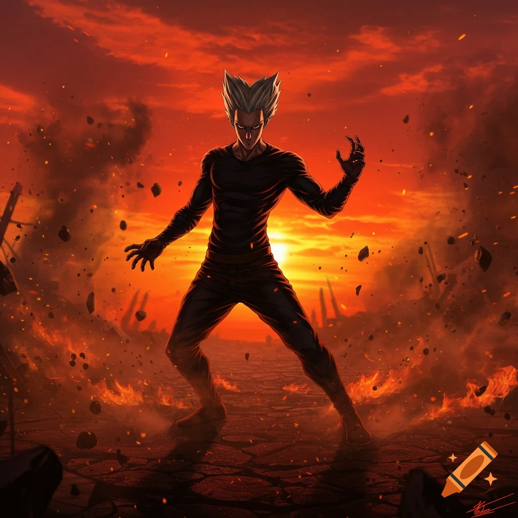 Anime character Garou with white spiky hair, wearing black, stands powerfully in a fiery, apocalyptic landscape under a red sky.