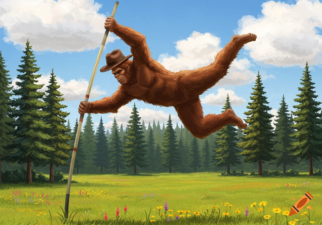 A brown, furry Bigfoot wearing a fedora hat pole vaults over a grassy field with pine trees under a blue sky.