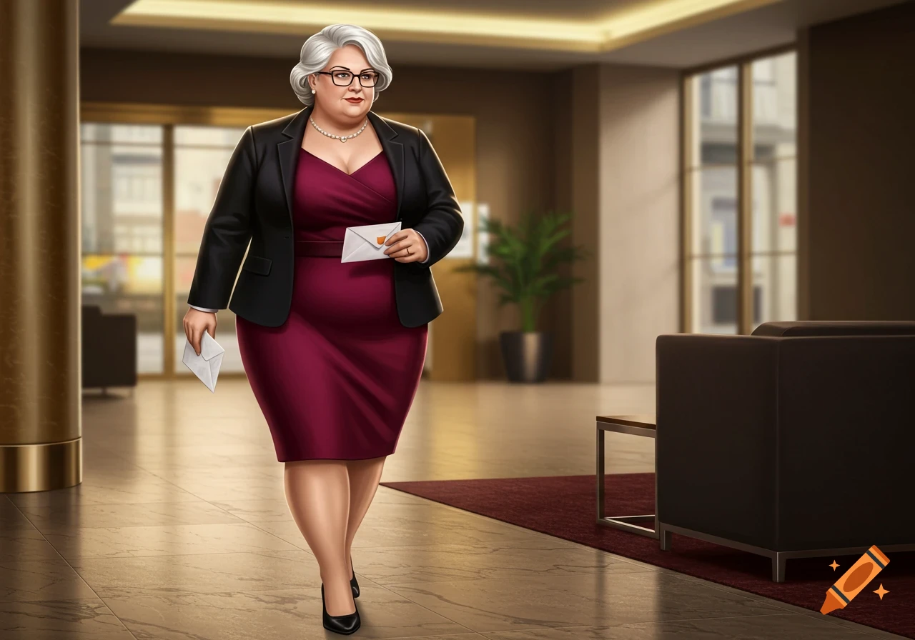 A digitally illustrated plump woman in a red dress, black blazer, and glasses walks through a modern office lobby, carrying envelopes.