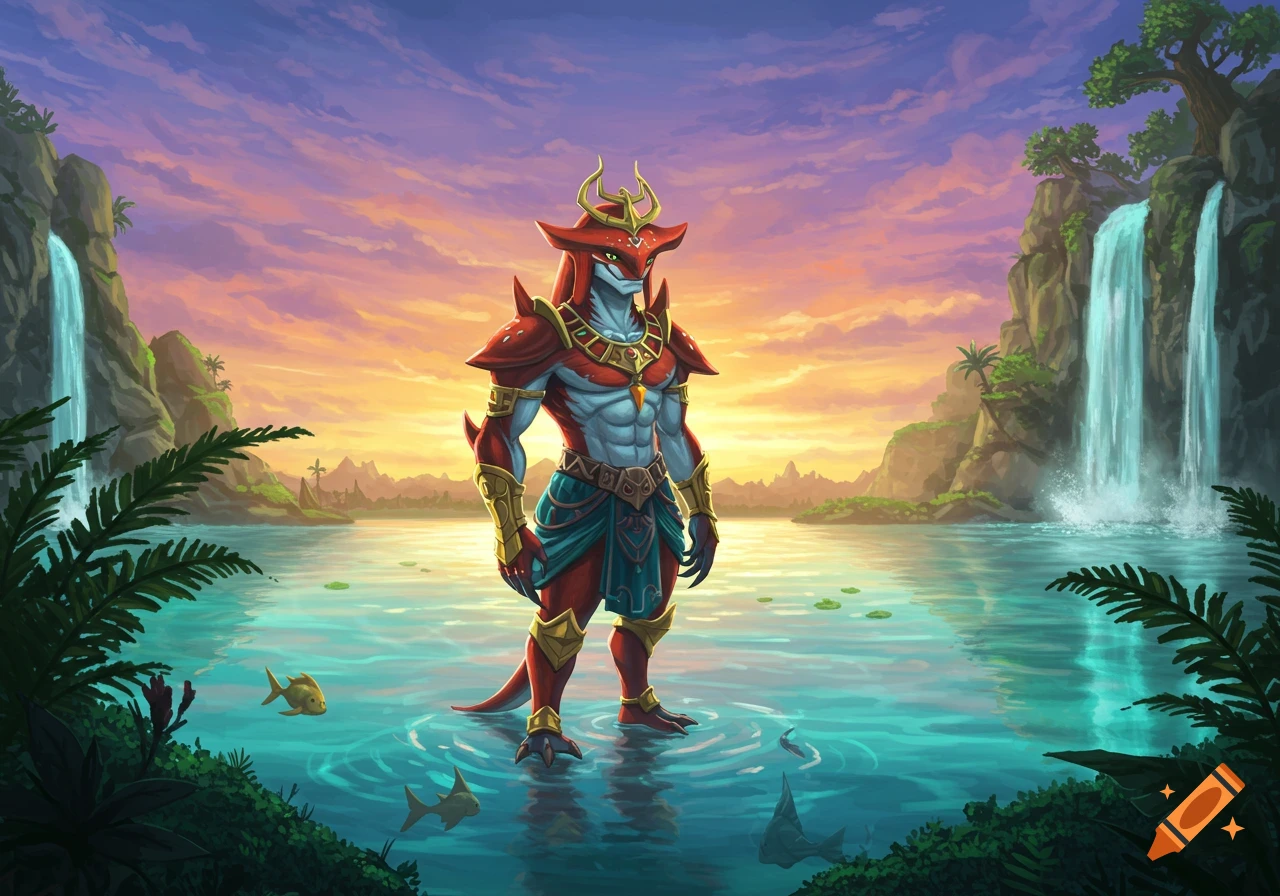 A muscular red and blue bipedal fish-like creature in gold armor stands in a serene lake at sunset with waterfalls and lush greenery.