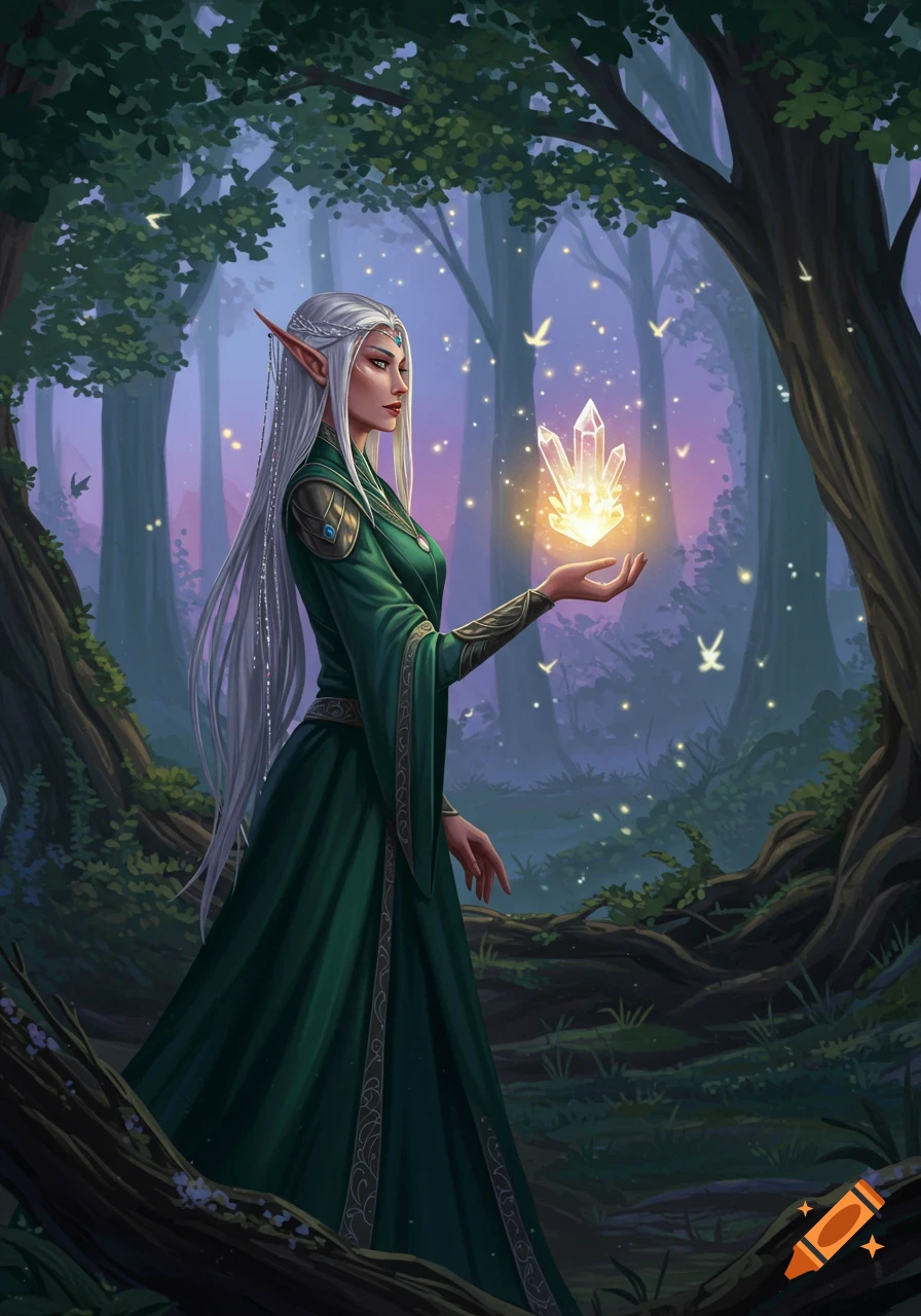 A silver-haired elf in a green dress holds a glowing crystal in a magical forest at dusk.