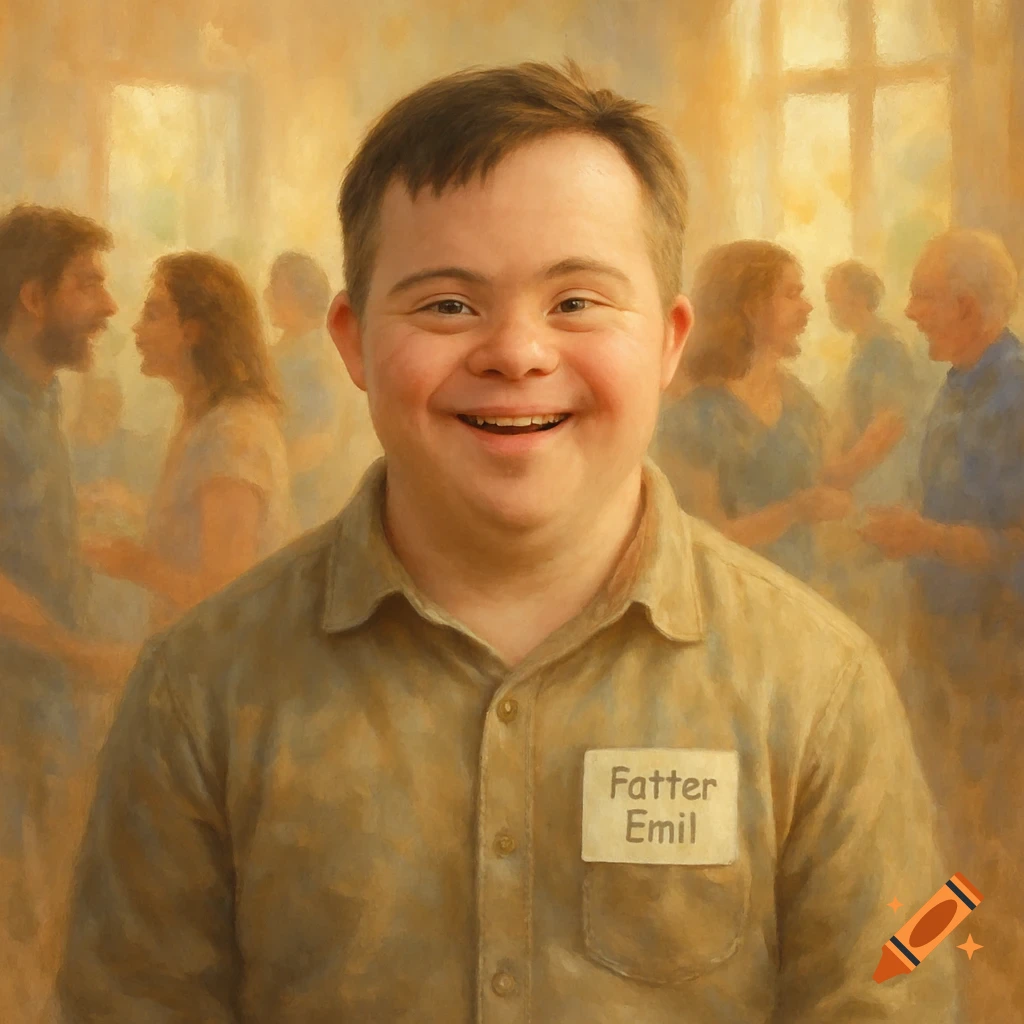 A smiling young man with Down syndrome in a painterly portrait, wearing a nametag, with soft-focus figures in the background.