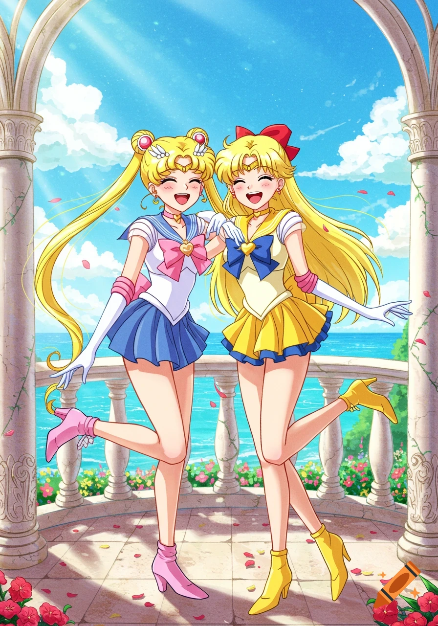 Sailor Moon and Sailor Venus laughing and embracing on a sunny balcony overlooking the ocean in an anime style.