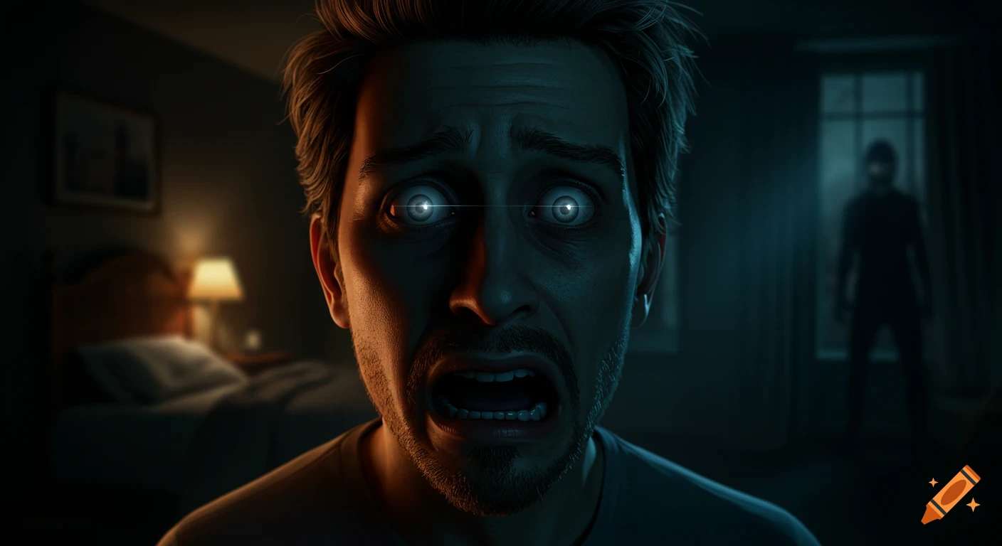 A cartoon horror portrait of a terrified man with wide glowing eyes screaming in a dark bedroom, a blurred figure visible in the doorway.