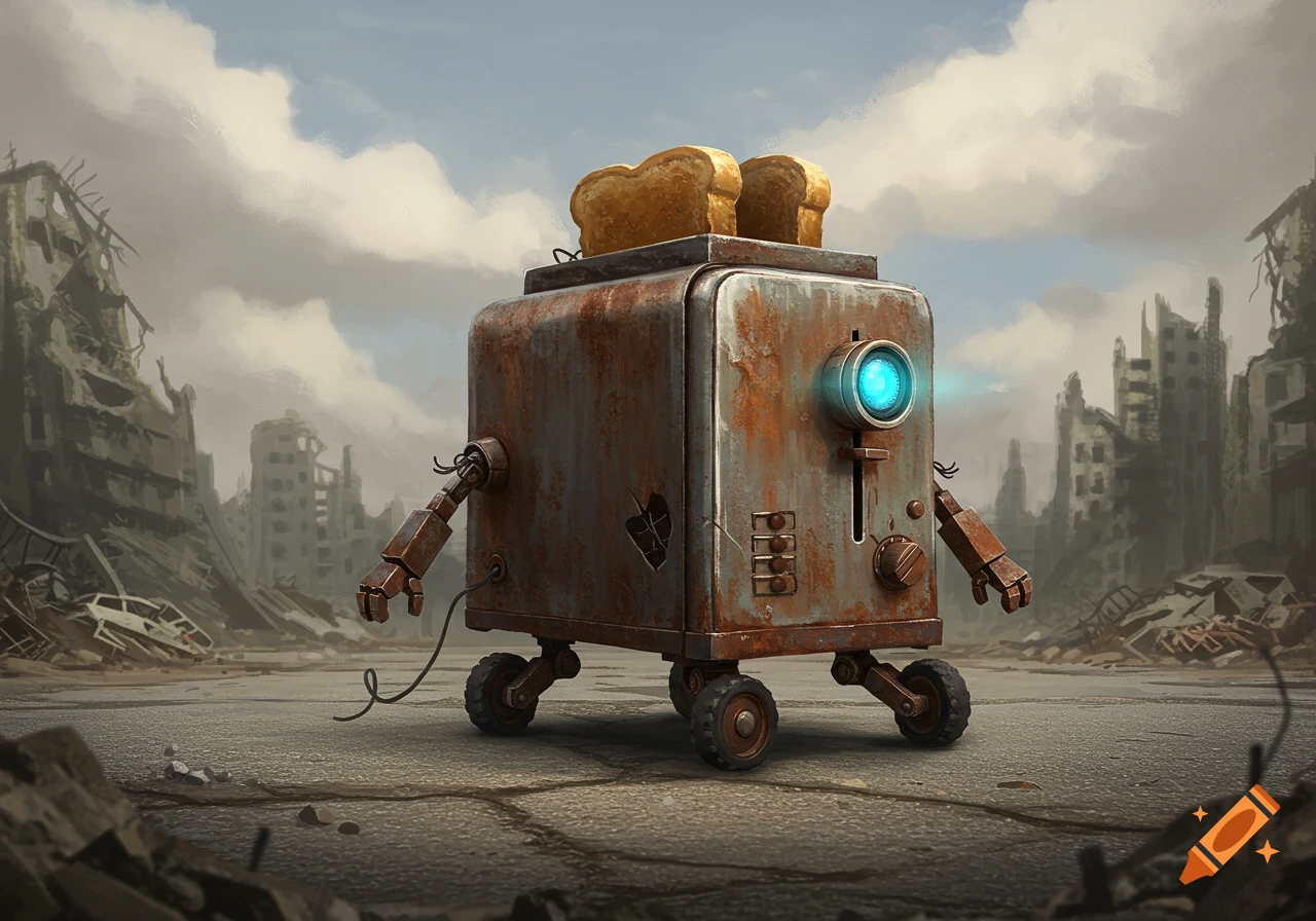 A rusty toaster robot with glowing blue eyes and wheels, holding toast, stands in a ruined, post-apocalyptic city.