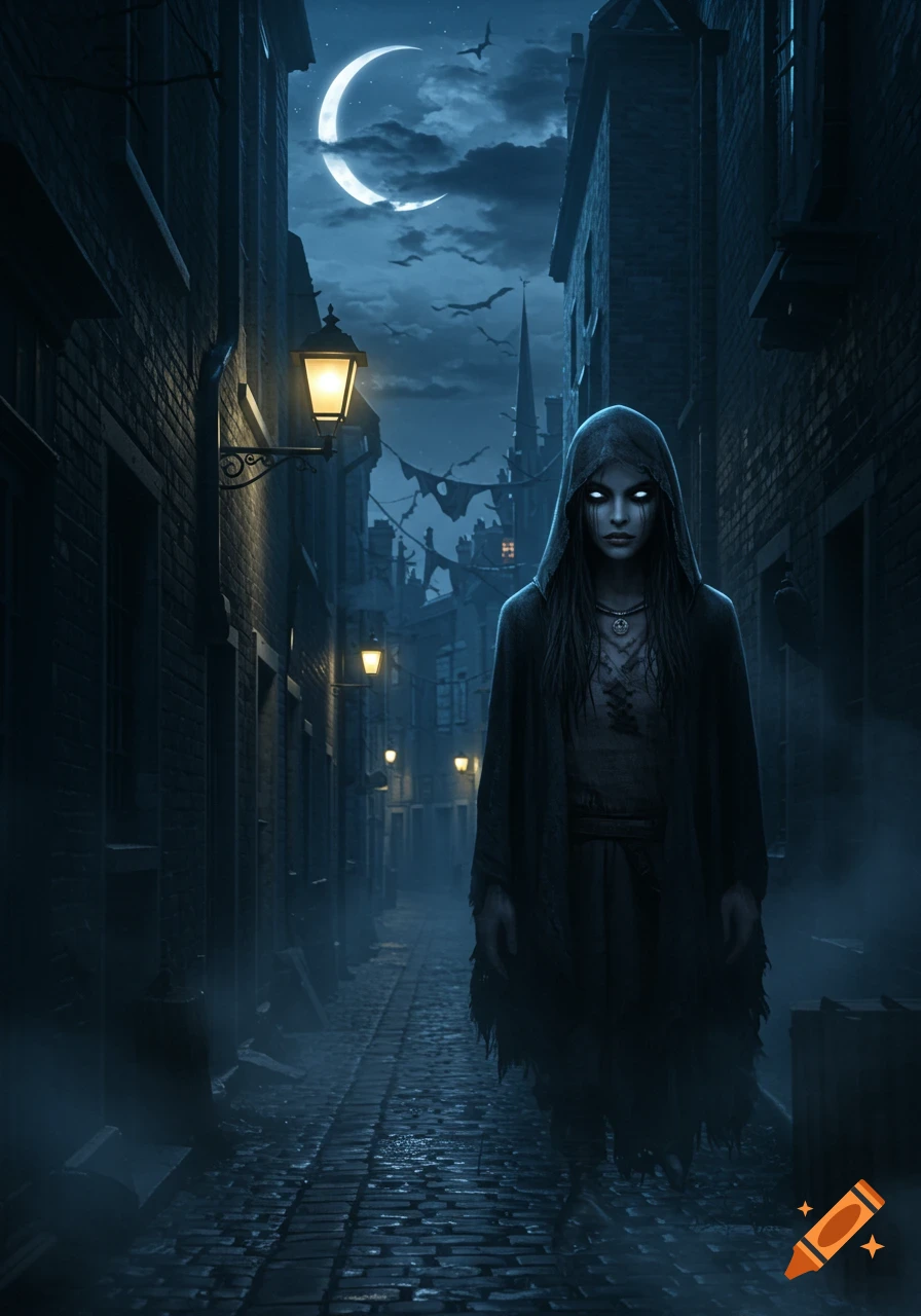 A dark fantasy illustration of a ghostly woman with glowing eyes in a foggy, gaslit cobblestone alley at night under a crescent moon.