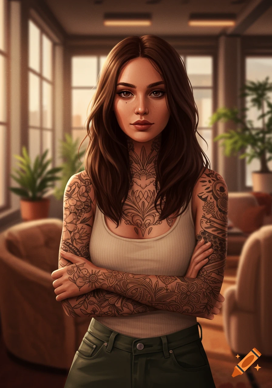 A digital illustration of a young woman with long brown hair and intricate full-sleeve and chest tattoos, standing with crossed arms in an indoor setting.