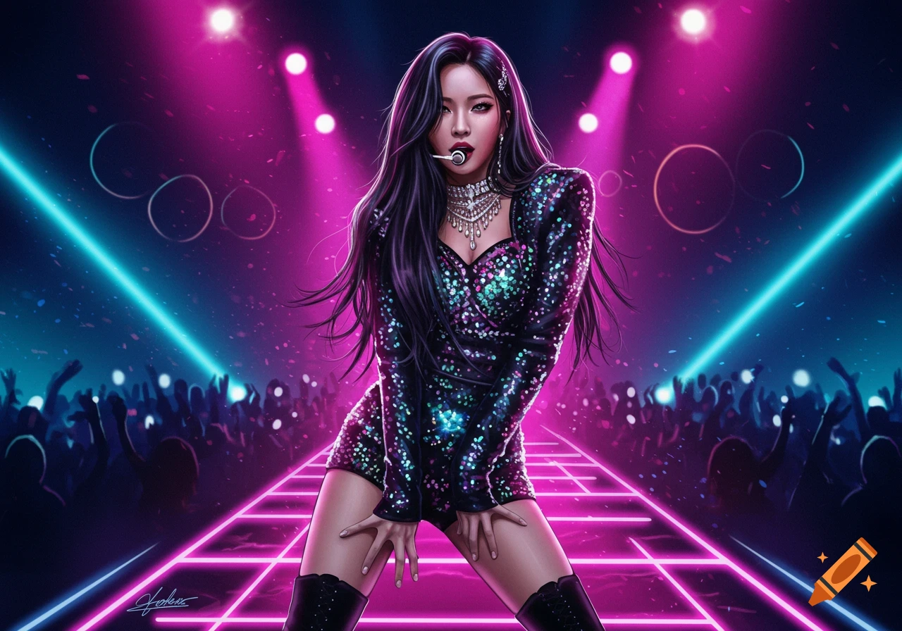 A K-pop idol in a sequined outfit poses on a stage with neon lights and a cheering crowd in this vibrant digital illustration.