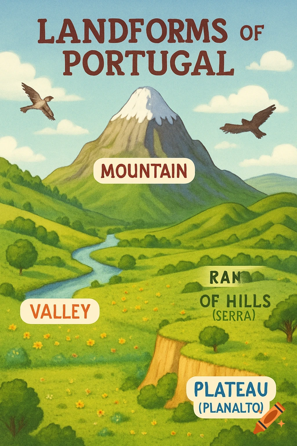 An educational poster illustrating landforms of Portugal, featuring a mountain, valley with a river, hills, and a plateau, with labels for each. Two birds fly in a cloudy sky.