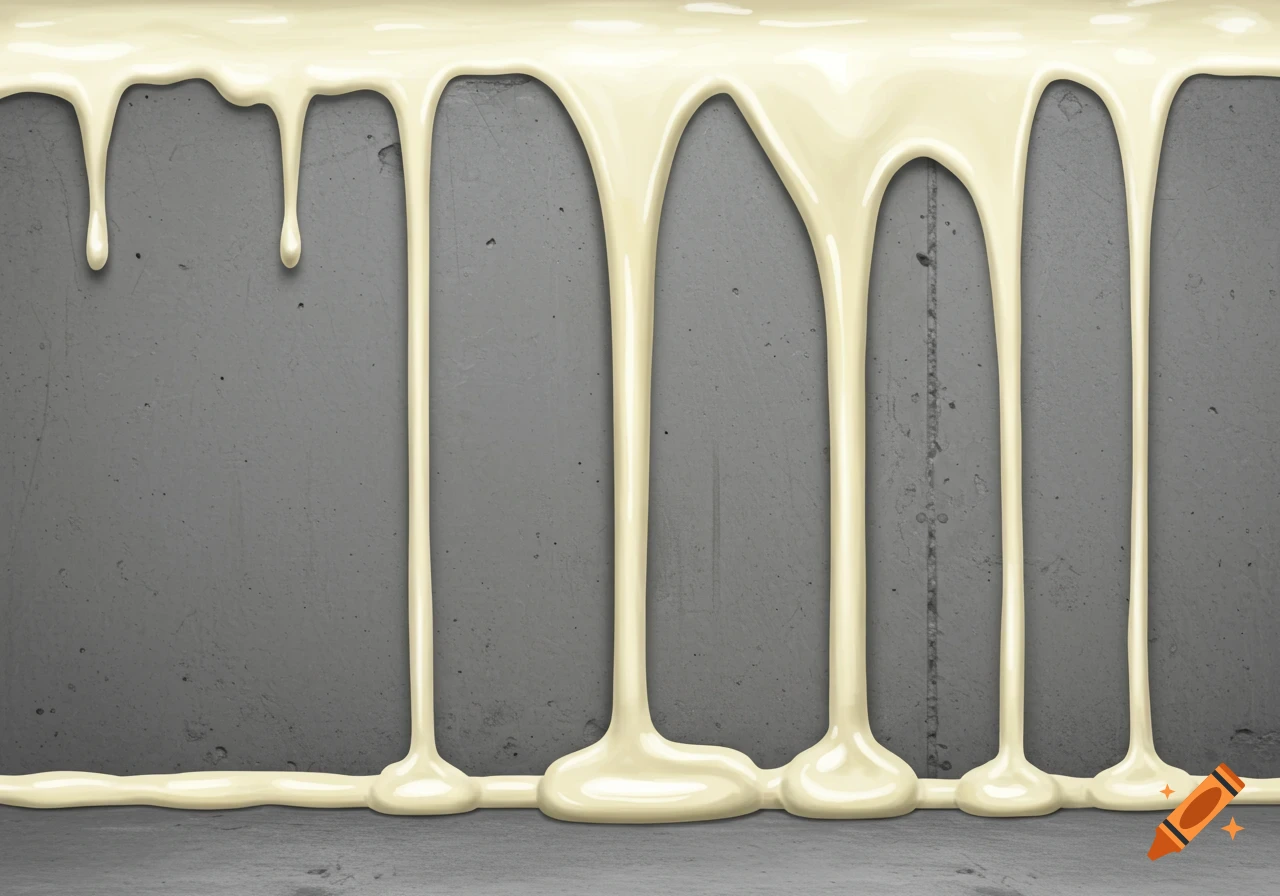 Pale yellow vanilla sauce drips down a textured gray concrete wall, pooling at the bottom in a photorealistic style.