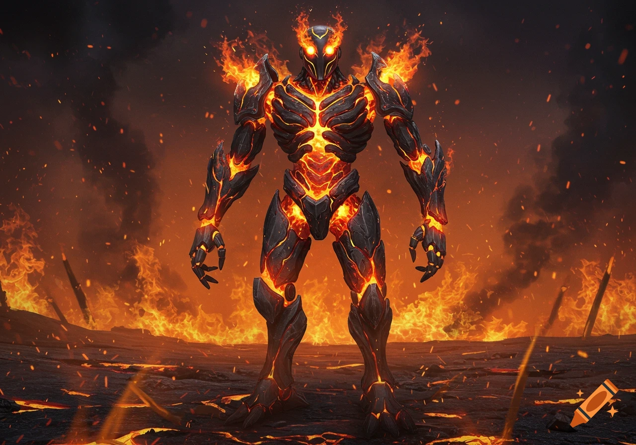 A powerful robot made of black rock and glowing lava stands in a fiery, apocalyptic landscape, rendered in digital art.