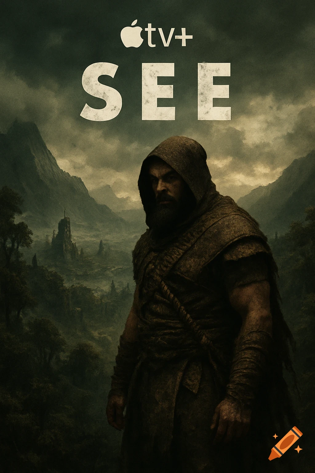 Dramatic Apple TV+ 'SEE' series poster with a hooded, bearded man against a dark, misty mountain landscape.