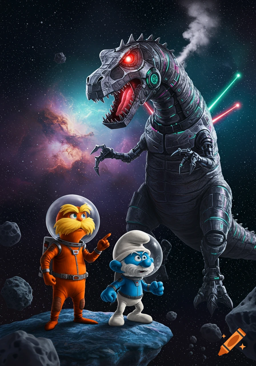 The Lorax and Papa Smurf in astronaut suits on an asteroid in space, pointing at a giant glowing cyborg dinosaur.