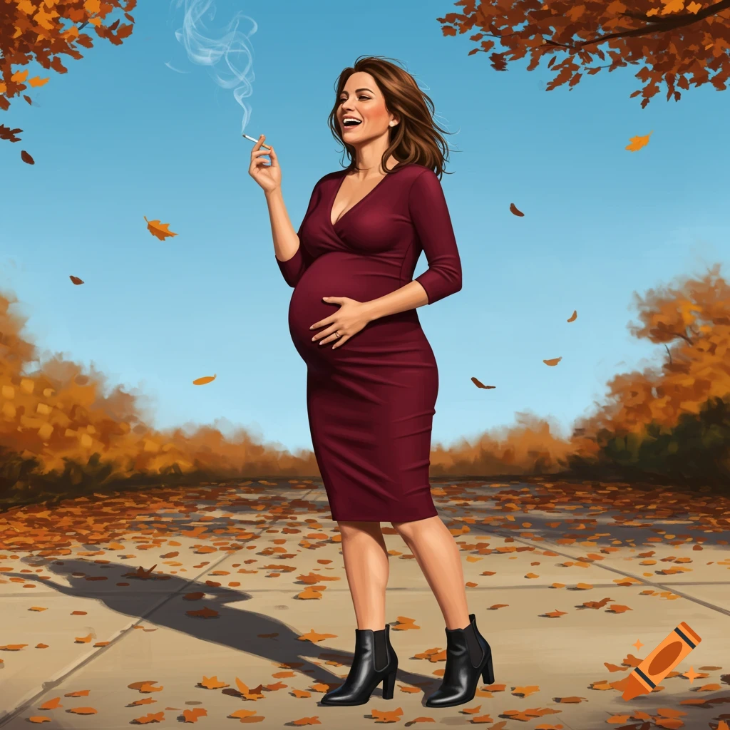 A smiling pregnant woman in a burgundy dress holds a cigarette and her belly, standing in an autumn park with fallen leaves.