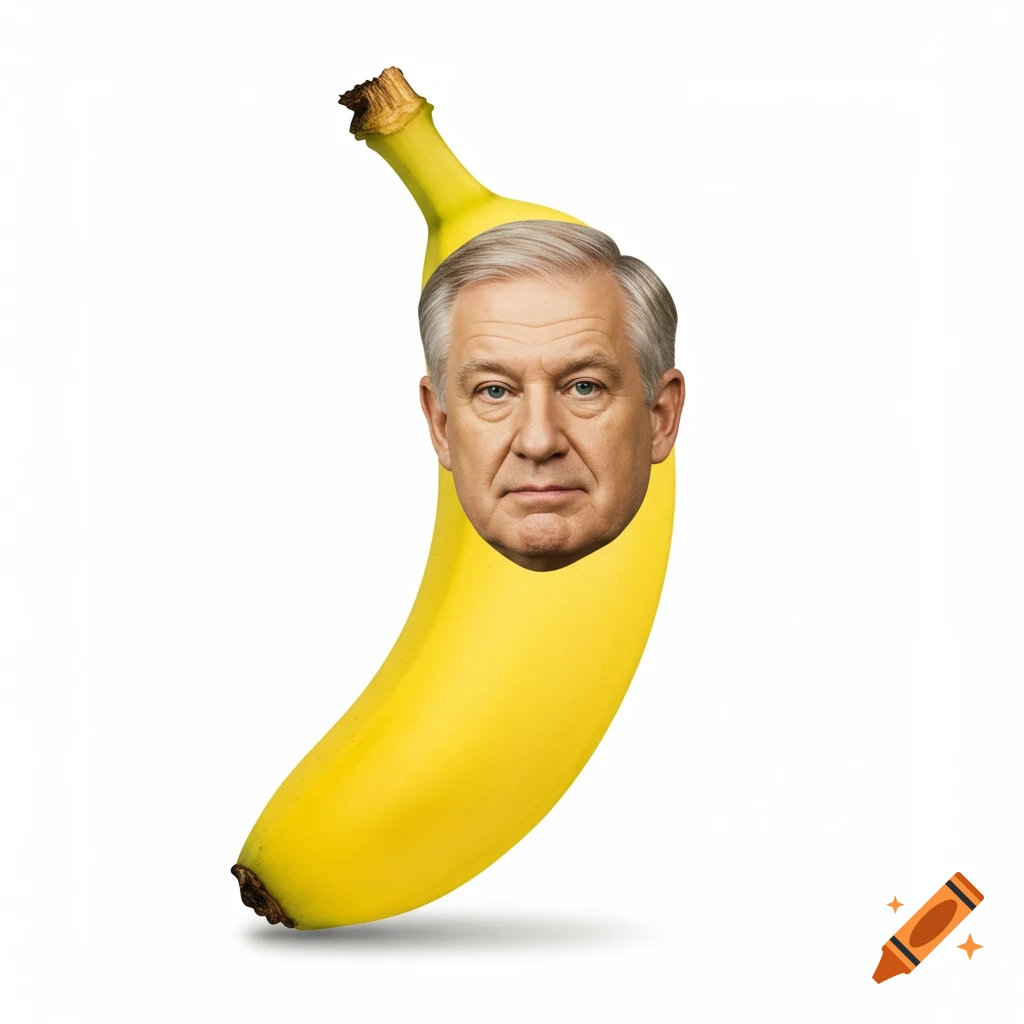A man's head, resembling a politician, emerges from a bright yellow banana against a white background.
