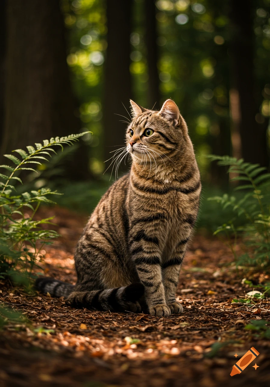 A photorealistic brown tabby cat sits on a sun-dappled forest path, looking left, surrounded by green ferns.