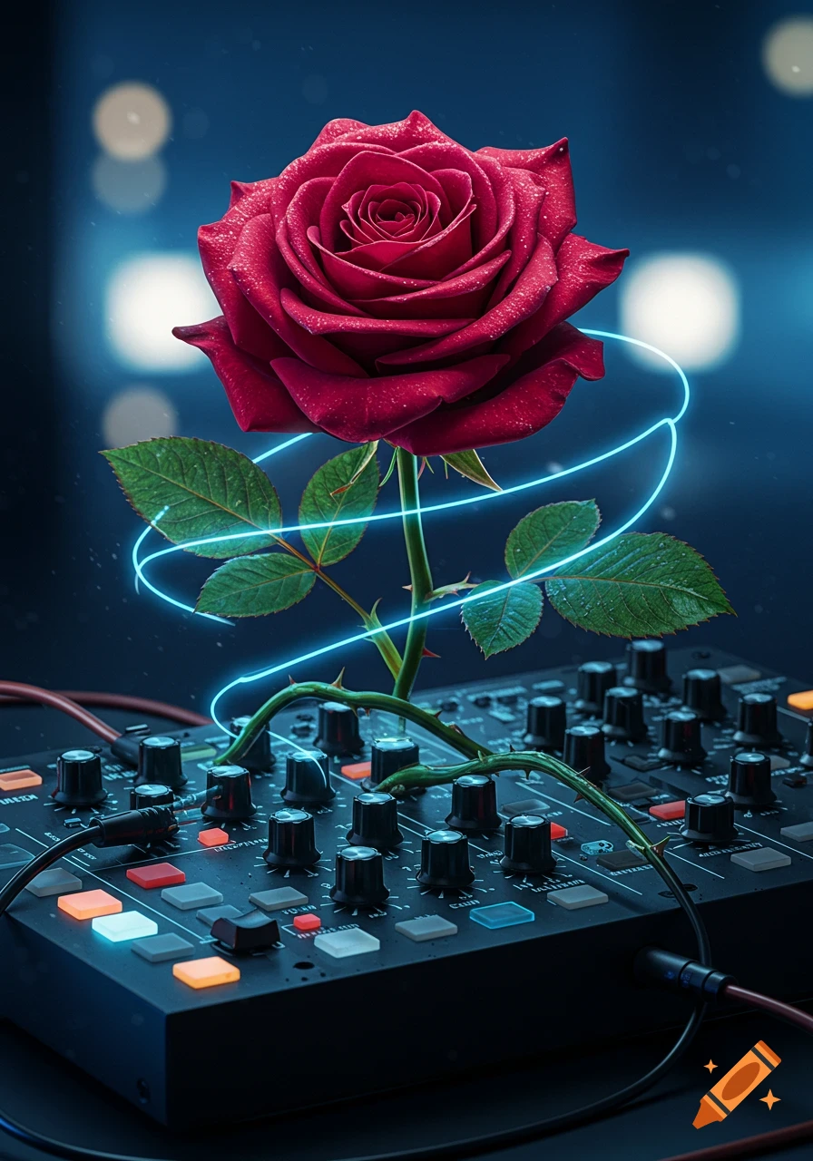 A vibrant red rose with water droplets and glowing blue neon light spirals around its stem, resting on a black music production mixer.