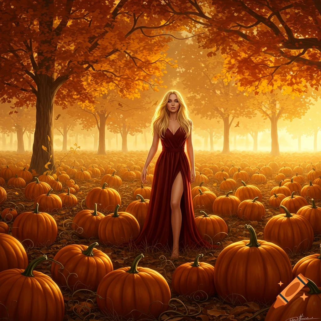 A blonde woman in a flowing red gown with a high slit walks through a vibrant autumn forest filled with pumpkins.
