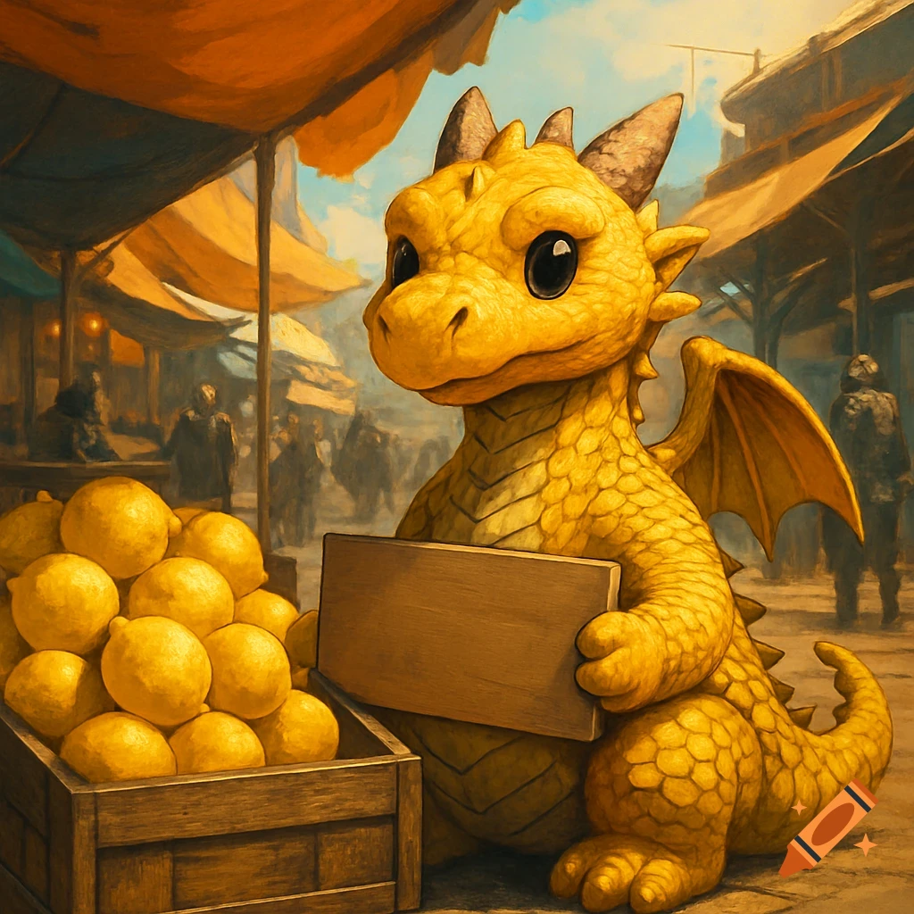 A cute yellow cartoon dragon sits at a bustling market, holding a blank wooden sign next to a crate of lemons in a painted style.