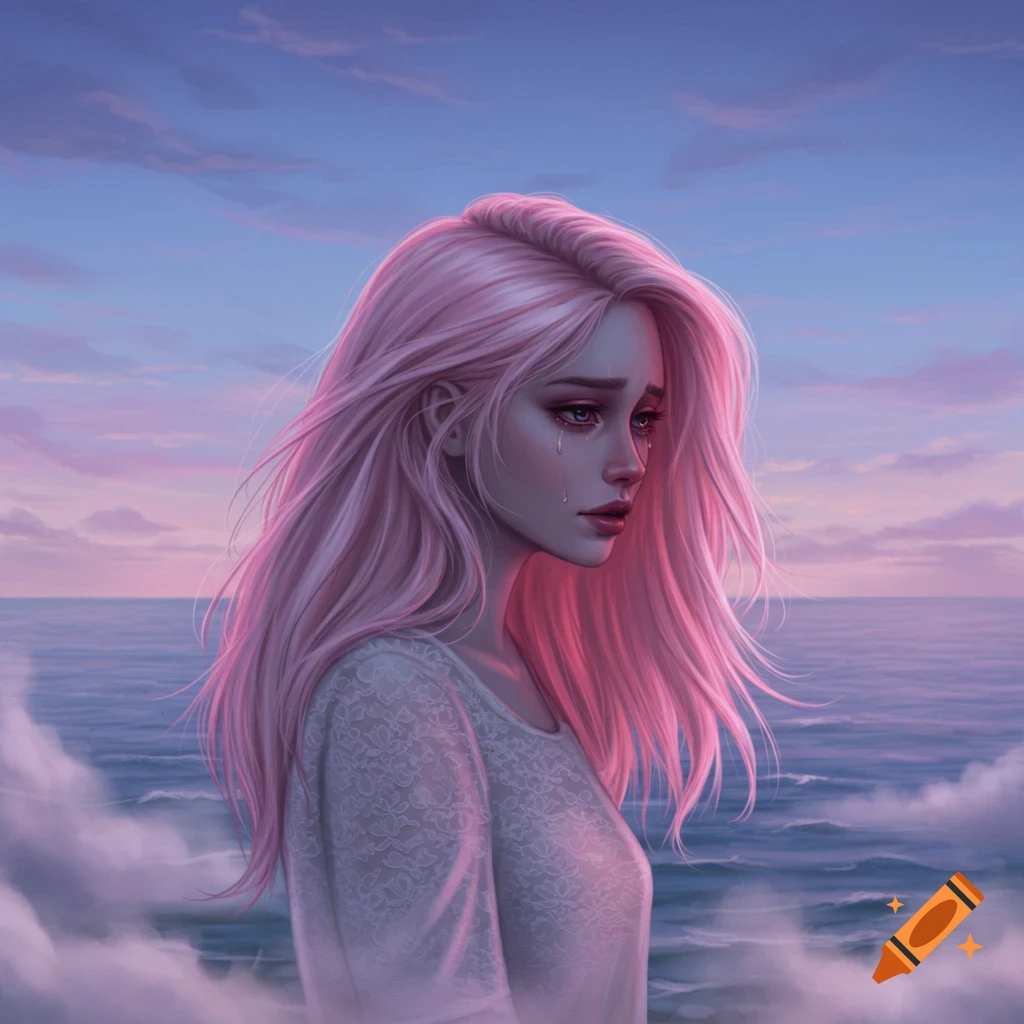 A digital painting of a sad woman with long pink hair crying against a pastel ocean and sky.