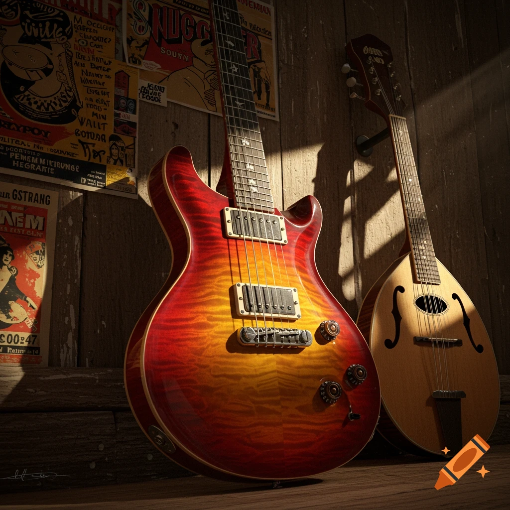 A close-up of a red and orange sunburst electric guitar leaning against a wooden wall, with a mandolin beside it and vintage posters in the background.