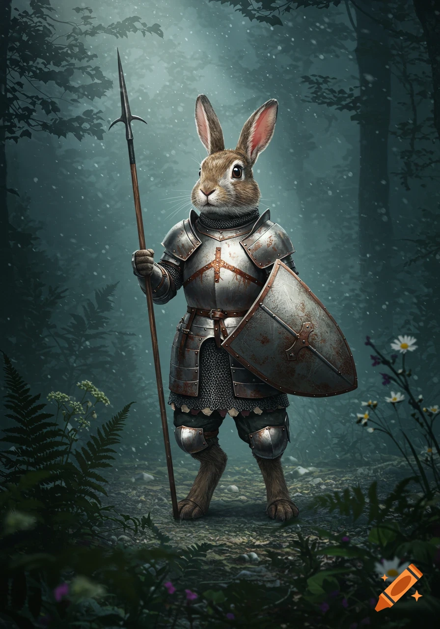 A rabbit wearing rusty knight's armor stands in a forest, holding a spear and a shield.