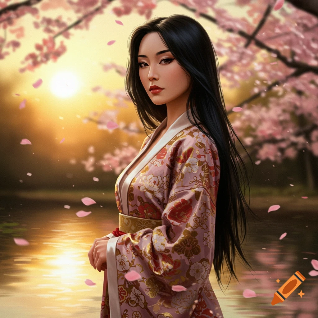 A beautiful East Asian woman with long dark hair, wearing a patterned kimono, stands by a lake with falling cherry blossoms at sunset in an illustrative style.