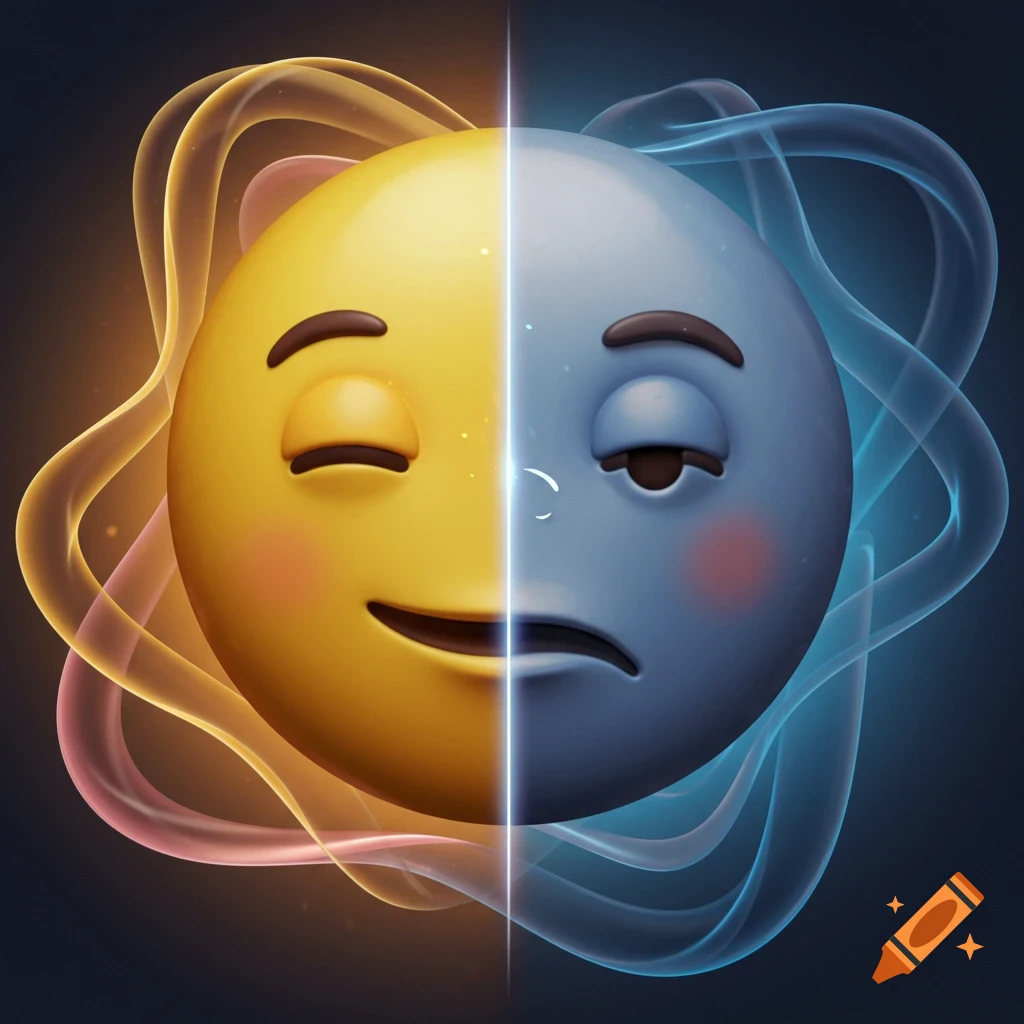 A 3D emoji face is split vertically, left side is yellow and happy, right side is blue and sad, with swirling light effects.