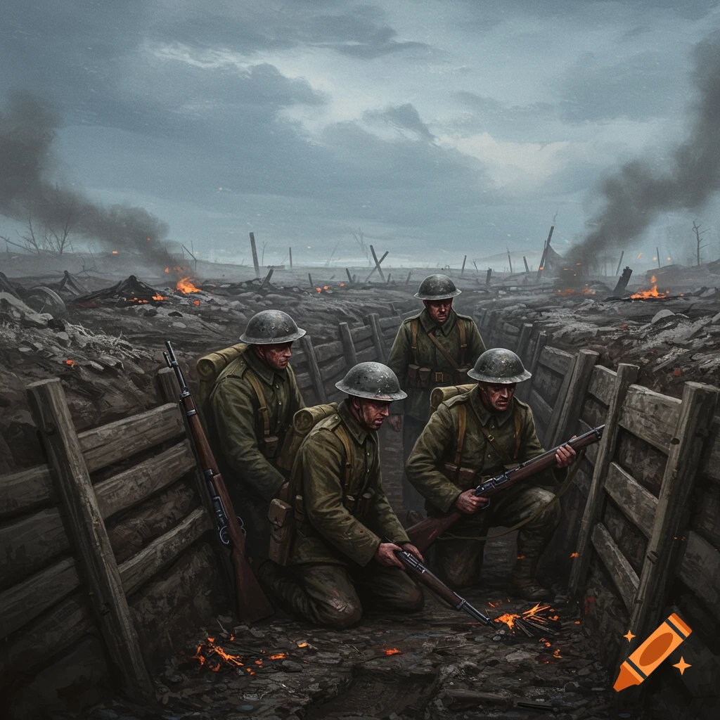 Four soldiers in a dark, muddy trench on a desolate, burning battlefield under a cloudy sky, depicted in a realistic illustration.