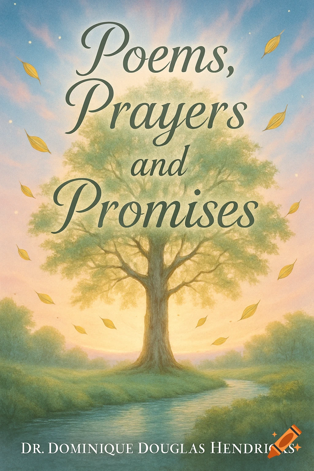 Book cover featuring a large, leafy tree by a winding river under a pastel sky. Text reads 'Poems, Prayers and Promises' and 'DR. DOMINIQUE DOUGLAS HENDRICKS'.