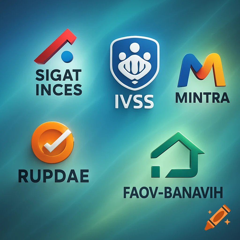 A grid of five stylized, colorful 3D logos with text, including SIGAT INCES, IVSS, and MINTRA, on a blue background.