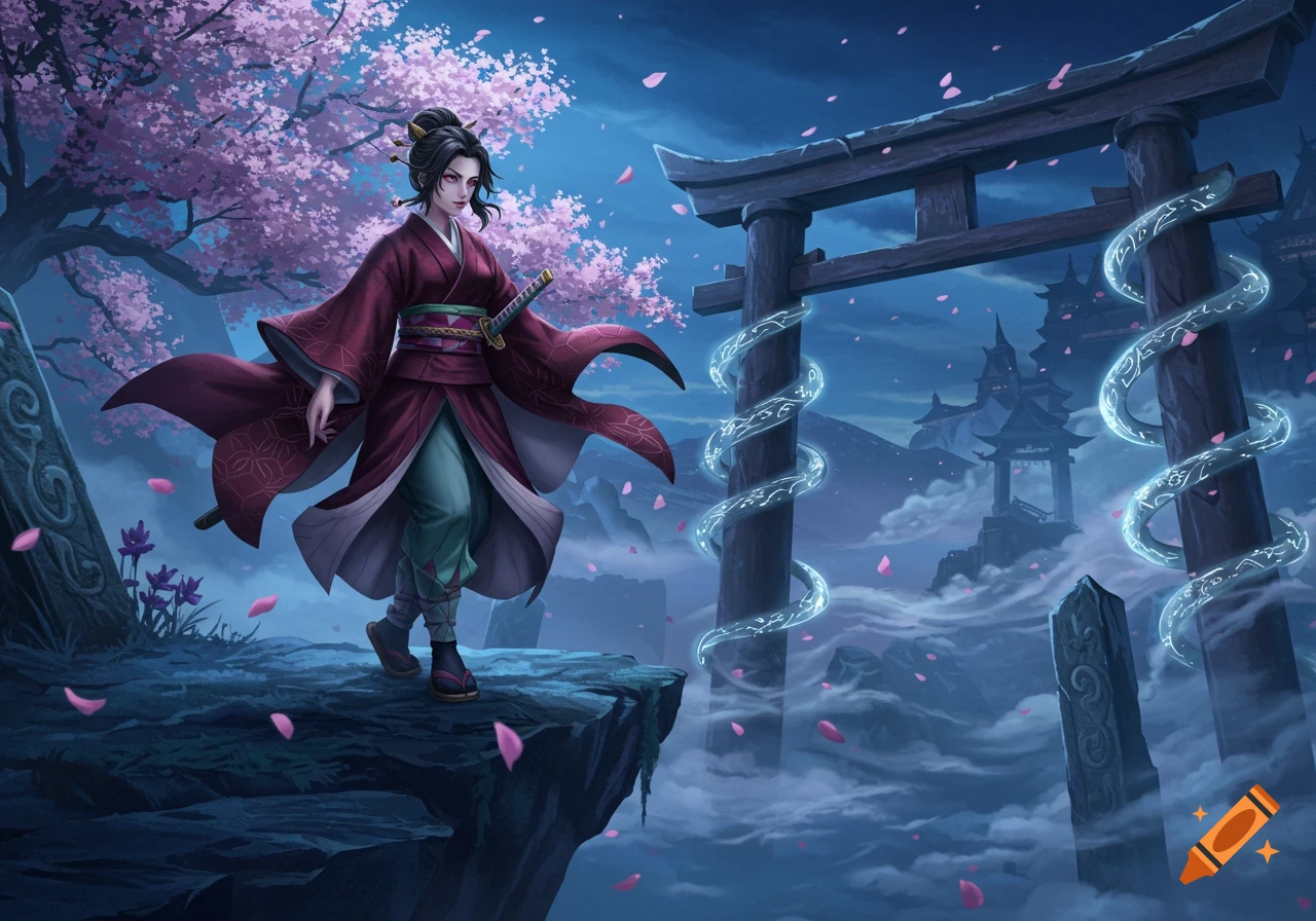 An anime-style female warrior with a katana stands on a cliff with cherry blossoms, a torii gate, and misty temples.
