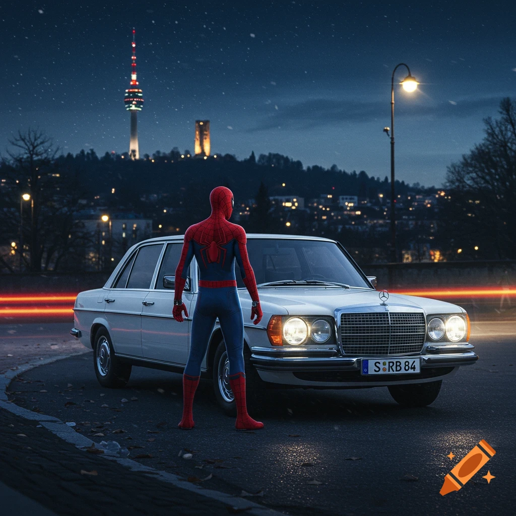 Spider-Man stands with his back to the viewer in front of a white Mercedes car at night, with the illuminated Stuttgart TV Tower and cityscape in the background. The car's license plate reads "S RB 84".