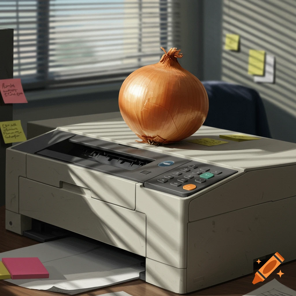 A realistic image of an onion sitting on top of an office printer, with sticky notes on the wall and desk.