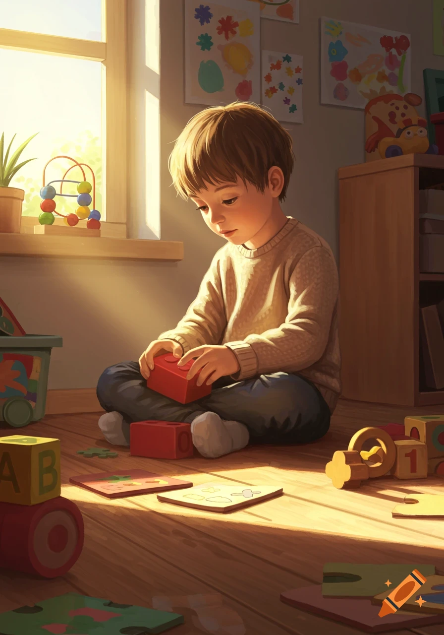 A young boy plays with colorful blocks and puzzles on a sunlit wooden floor in a room with children's art, illustration.