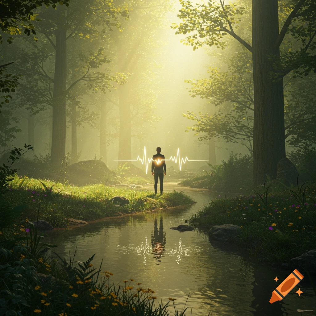 A lone figure with a glowing heartbeat line stands in a sun-drenched, mystical forest by a stream.