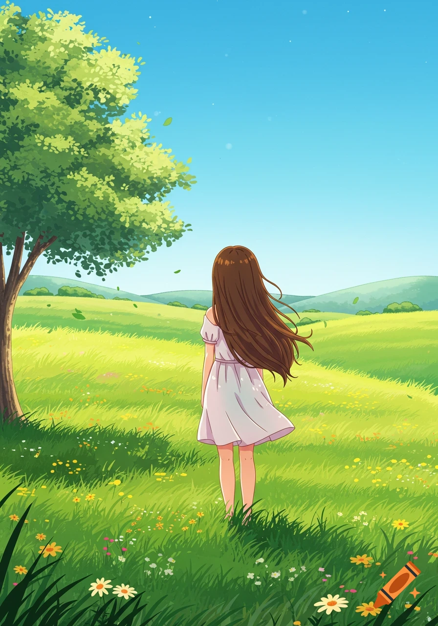 Anime girl with long brown hair stands facing away in a bright green grassy field with a tree under a clear blue sky.