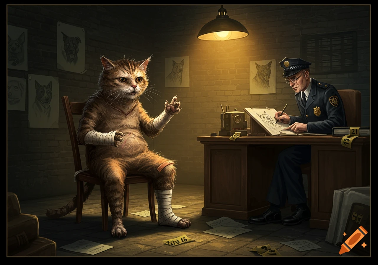 A beaten-up cat with bandages sits opposite a police officer sketching a dog in a dimly lit interrogation room.